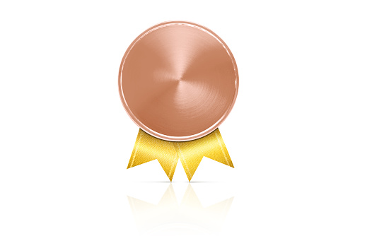 Bronze medal with golden ribbon. Soft shadow. Isolated on white background.