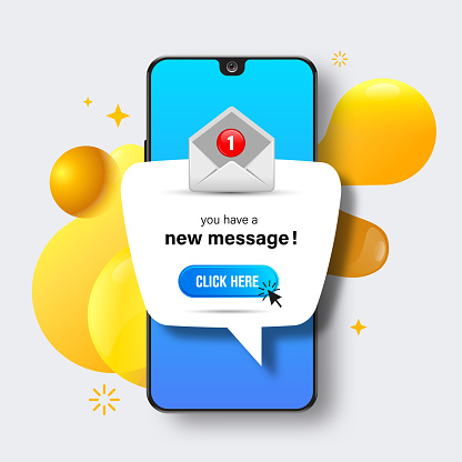 New email pop up. Incoming, open messaging. New message notification concept on smartphone. Chatting, mail, post, letter symbol, sign with new notification for UI UX website