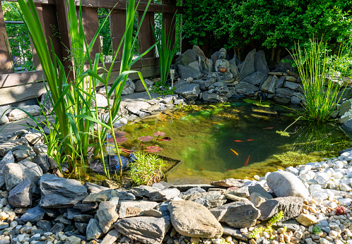 Japanese garden with stones and pond