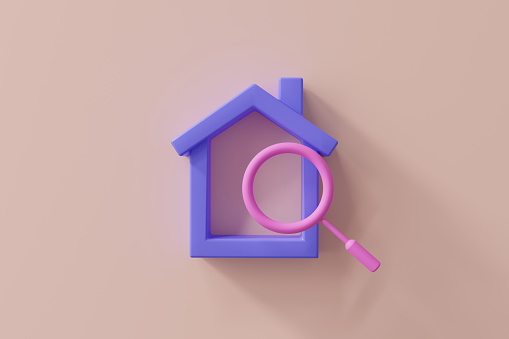 3d house and magnifying glass. Business loan for real estate, house mortgage, House searching, new home, house project, home to buy, home property investment. 3d render illustration on pink background