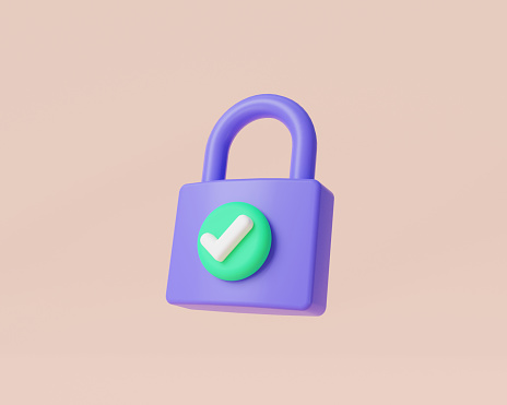 Padlock with check mark icon minimal style isolated on pink background. Lock. Locked padlock, restricted access, keyhole, protection privacy, safety. Security concept. 3D cartoon render illustration