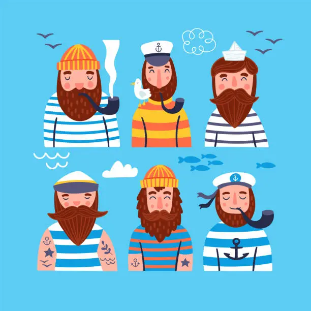 Vector illustration of Cute sailor character summer set. Childish print for cards, stickers, apparel and nursery decoration