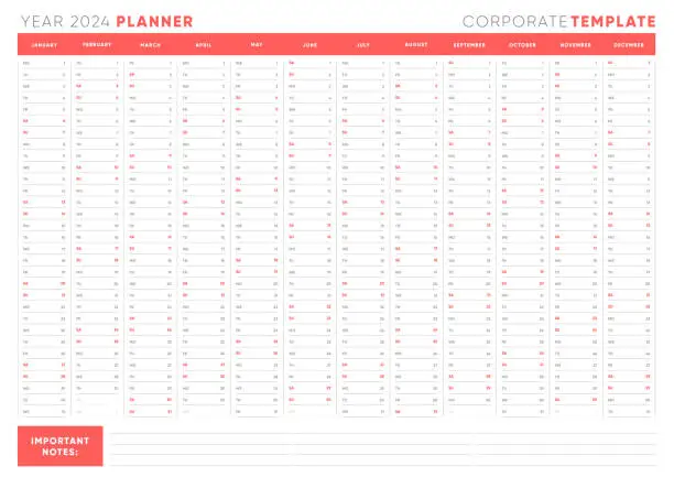 Vector illustration of Year Planner Calendar for 2024 with Monthly Vertical Grid in Classic style and Red Color. Planner Template for schedule, timeline diary, work agenda, organizer.
