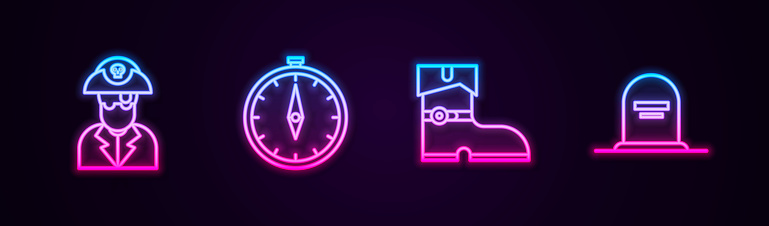 Set line Pirate captain, Compass, Leather pirate boots and Tombstone with RIP written. Glowing neon icon. Vector.