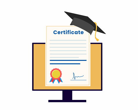 A Laptop with Certification Online education courses with online certificate