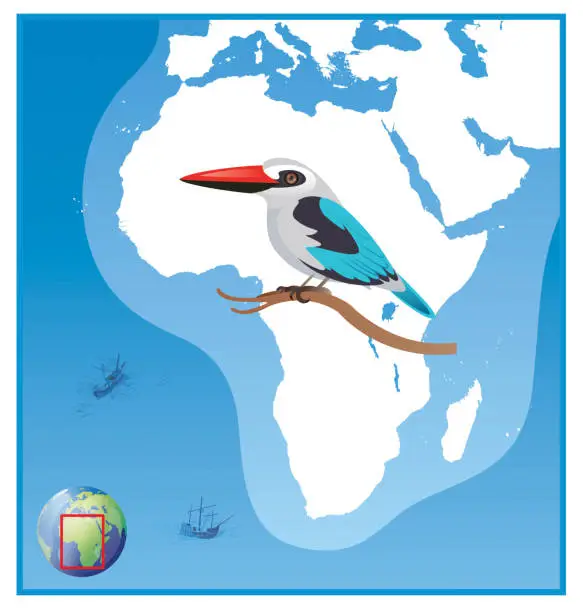 Vector illustration of Woodland Kingfisher, Halcyon senegalensis in Africa Map