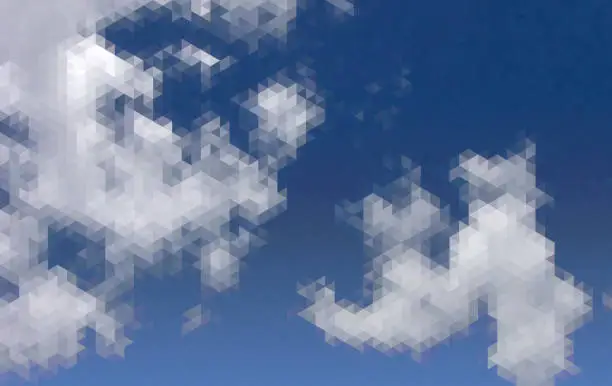 Vector illustration of Clouds and sky pixelated triangles mosaic background in a hexagonal grid arrangement.