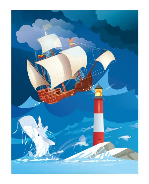 Vector illustration of Historical galleon and Lighthouse