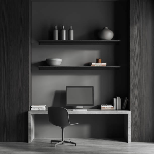 istock Gray and wooden home office interior 1493934910