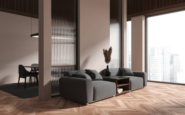istock Beige relax room interior with armchairs and dinner table, panoramic window 1493934933