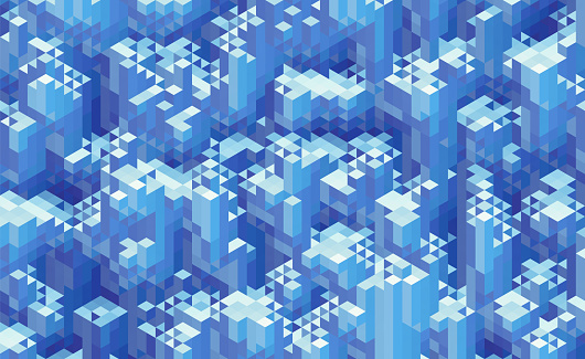 3D cubes. Isometric geometric mosaic of randomized blue blocks.