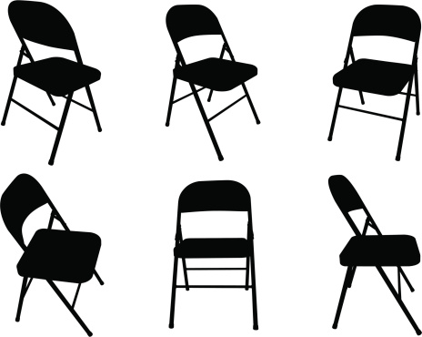 Silhouetted vector illustrations of a metal fold out chair, from six different angles.