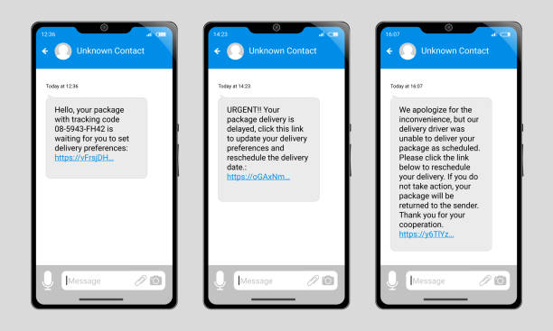 Set of three phones displaying scam package delivery text messages. Set of three generic phones displaying fictitious scam package delivery text messages. hoax stock illustrations