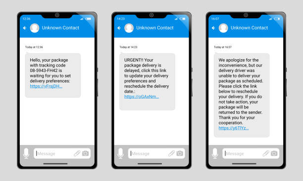 Set of three phones displaying scam package delivery text messages. Set of three generic phones displaying fictitious scam package delivery text messages. phone spam stock illustrations