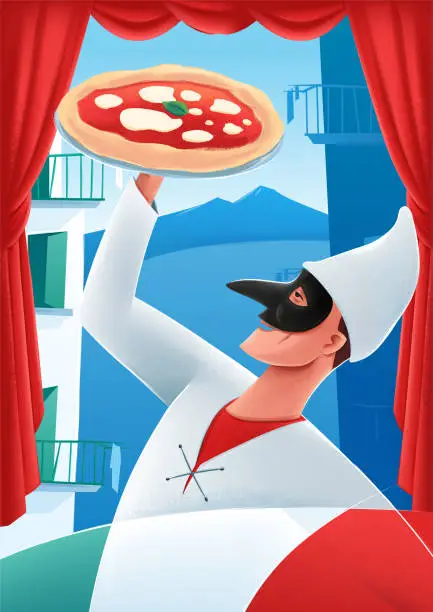 Vector illustration of Pulcinella with pizza in Naples city and theater tent sea Vesuvius and palaces