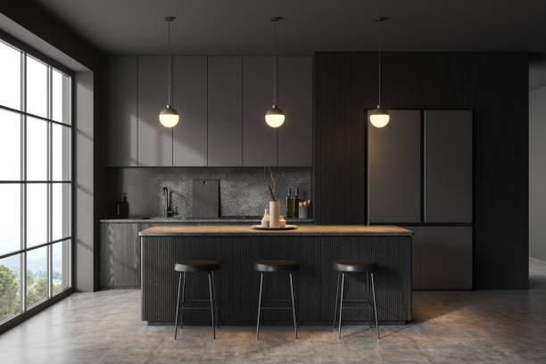 istock Grey kitchen interior with bar island and cooking area, panoramic window 1493935628