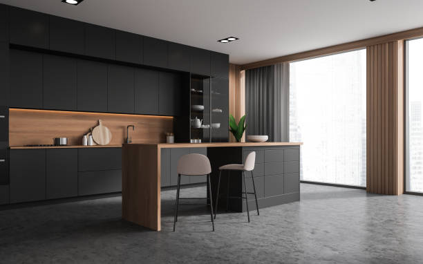 istock Gray and wooden kitchen corner with bar 1493936468