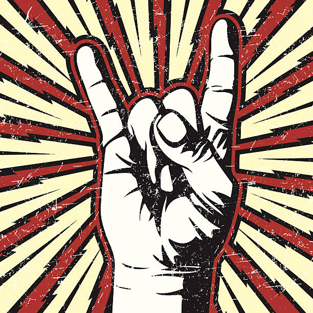 Rock On Vector illustration of a hand making the rock on sign with a lightning ray background and distressing on top. Background and distressing are on separate layers from the hand. hand sign stock illustrations