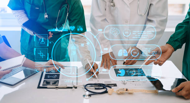 istock Medical technology network team meeting concept. Doctor hand working with smart phone modern digital tablet and laptop computer with graphics chart interface, with virtual icon 1493936638