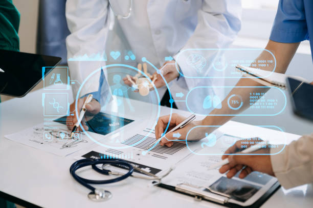 istock Medical technology network team meeting concept. Doctor hand working with smart phone modern digital tablet and laptop computer with graphics chart interface, with virtual icon 1493936678