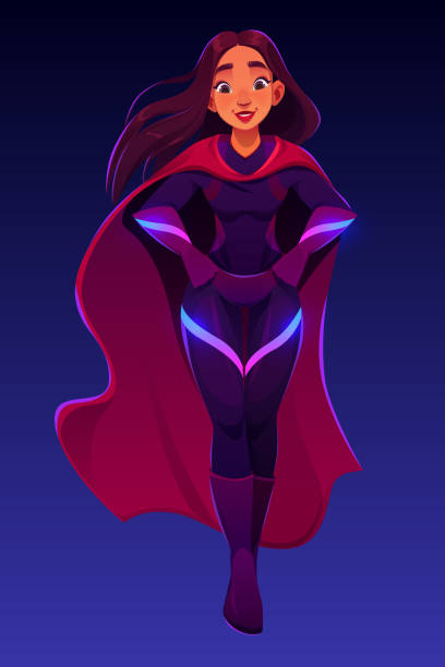 istock Superhero girl in red cloak with hands on waist 1493936730
