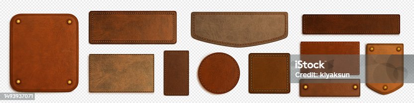 istock Realistic leather label. Vector badge with stitch 1493937071