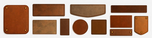 Realistic leather label. Vector badge with stitch Set of brown isolated realistic leather patch. Label tag with seam template on transparent background. Vintage craft emblem design with string. Round and rectangle calfskin material sample, rivet faux wood stock illustrations