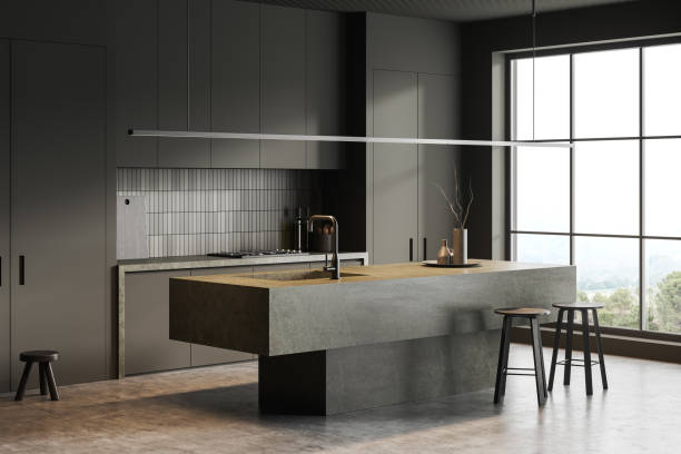 istock Grey kitchen interior with bar countertop and cooking area, kitchenware 1493937097