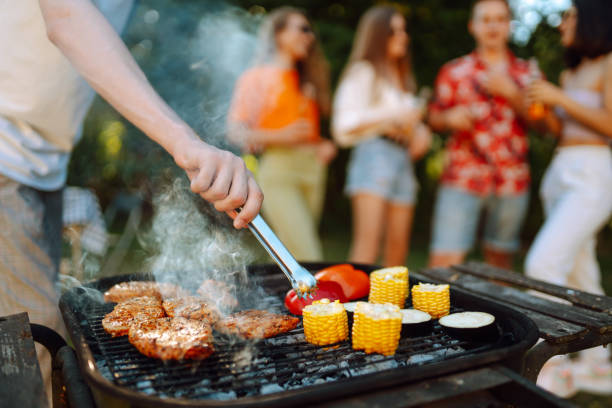Assorted delicious grilled meat with barbecue grilled vegetables.