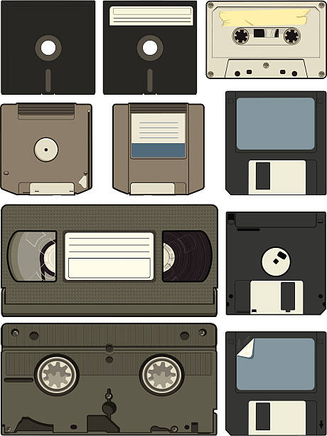 Old Recording Devices Vector Illustration of old disks and tapes used for data storage and recording. reel to reel tape stock illustrations