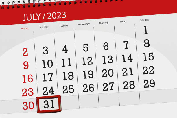 Calendar 2023, deadline, day, month, page, organizer, date, July, monday, number 31 Calendar 2023, deadline, day, month, page, organizer, date, July, monday, number 31. number 31 stock illustrations
