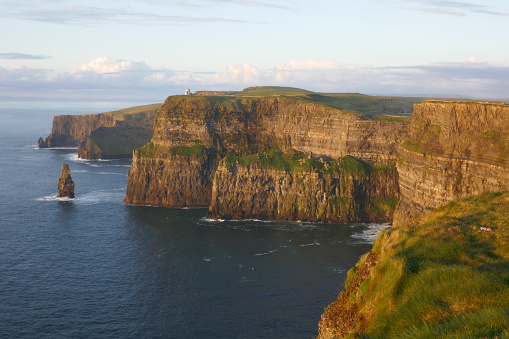The Cliffs of Moher are located at the southwestern part of county Clare. The run for about 8 miles and at the southern end they rise up to 120 meters.