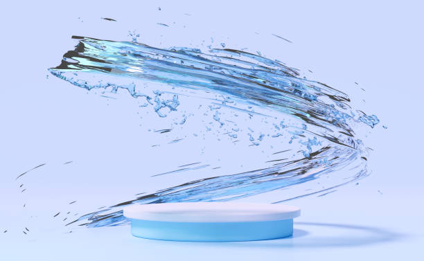 istock 3d abstract, water splash transparent with blue stage podium empty, geometric cosmetic showcase pedestal isolated on purple background. minimal modern scene, 3d render illustration 1493946651