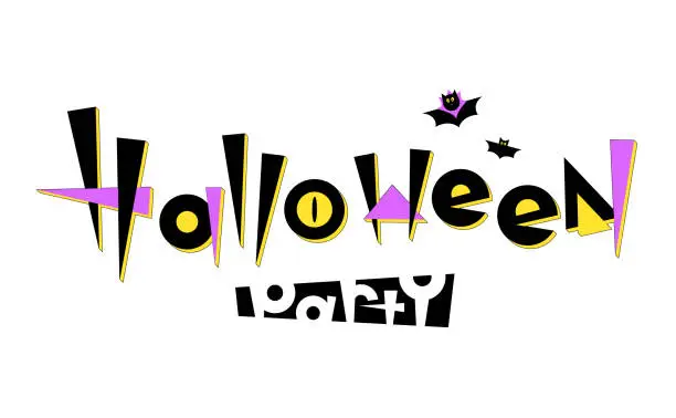 Vector illustration of Halloween party creative lettering. Halloween party lettering with bats. Unique design element with stylized geometric typography.