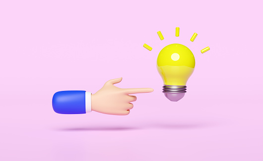 3d pointing finger with yellow light bulb isolated on pink background. idea tip education, knowledge creates ideas concept, minimal abstract, 3d render illustration