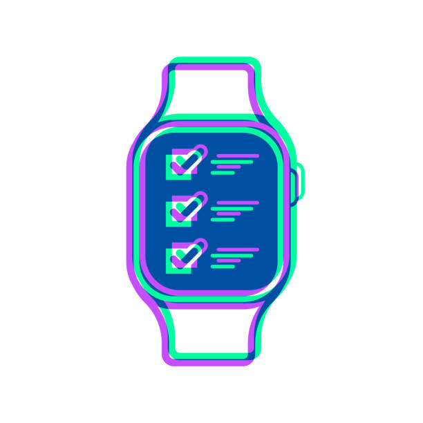 ilustraciones, imágenes clip art, dibujos animados e iconos de stock de smartwatch con checklist. icono con superposición de dos colores sobre fondo blanco - check mark digital composite blue computer icon