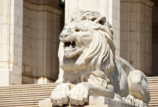 Lisbon, Portugal: Portuguese Parliament - São Bento Palace - built at the end of the 16th century as a Benedictine monastery, it became the seat of the parliament in 1834, now called Assembly of the Republic ('Assembleia da República'). Roaring marble lion at the top of the main staircase.