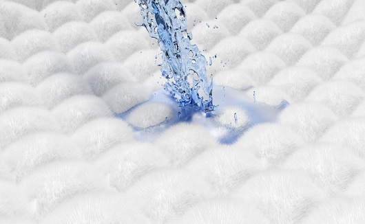 Salpicaduras de agua 3D en almohadilla absorbente, cabello de fibra sintética con flecha ventilar muestras, concepto de enfriamiento de soporte, ilustración de renderizado 3D photo