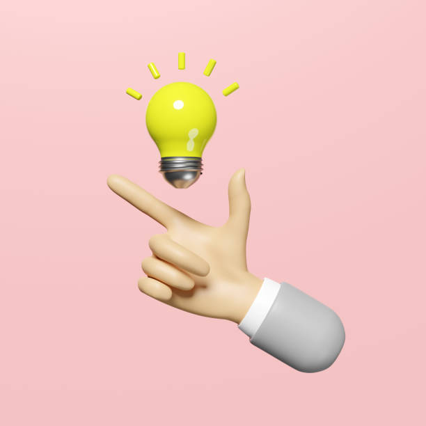 ピンクの背景に3dレンダリングイラスト、3dビジネスマンの手指差し指と黄色の電球。アイデアのヒント教育、知識はアイデアのコンセプトを作成し、最小限の要約 - light bulb business wisdom abstract ストックフォトと画像