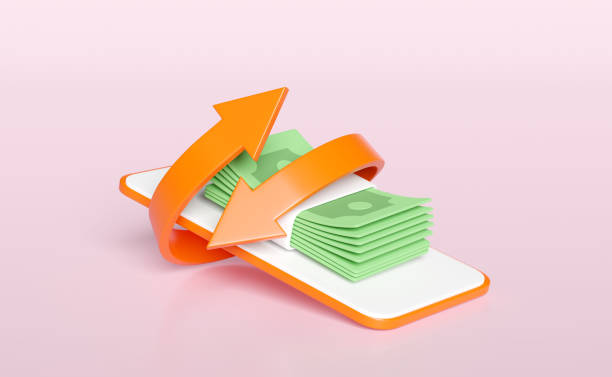 3d mobile phone, orange smartphone with money banknote, stack isolated on pink background. transfer arrows, cashback, saving money wealth business, cashback money refund concept,3d render illustration teléfono móvil 3d, teléfono inteligente naranja con billete de dinero, pila aislada sobre fondo rosa. flechas de transferencia, devolución de dinero, ahorro de dinero negocio de riqueza, concepto de reembolso de dinero en efectivo, ilustración de rend