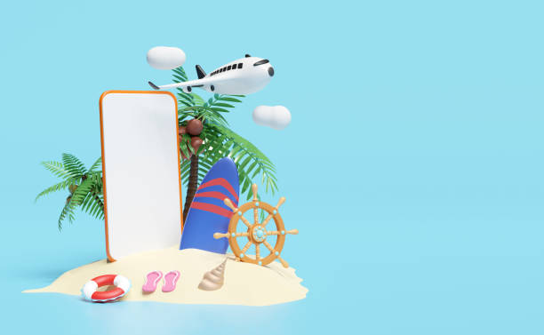 istock 3d mobile phone, smartphone with lifebuoy, palms, plane, island, cloud, shellfish, surfboard, sandals isolated on blue background. online shopping, summer travel vacation concept, 3d render 1493950195