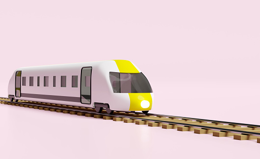 3d bullet train cartoon with railroad tracks, sky train transport toy, summer travel service, planning traveler tourism train isolated on pink background. 3d render illustration