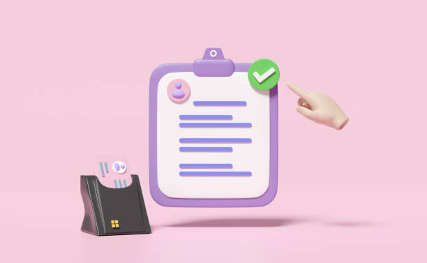 3d clipboard, checklist paper icon with USB smart card reader, Id card, hand pointing checkmark isolated on pink background. Business person card, job application, recruitment staff concept, 3d render portapapeles 3d, icono de papel de lista de verificación con lector de tarjetas inteligentes usb, tarjeta de identificación, marca de verificación que apunta a mano aislada sobre fondo rosa. tarjeta de persona de negocios, solicitud de empleo, concepto