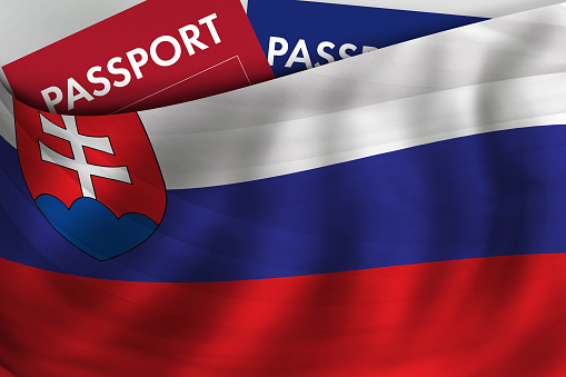 Slovak flag background and passport of Slovakia. Citizenship, official legal immigration, visa, business and travel concept.