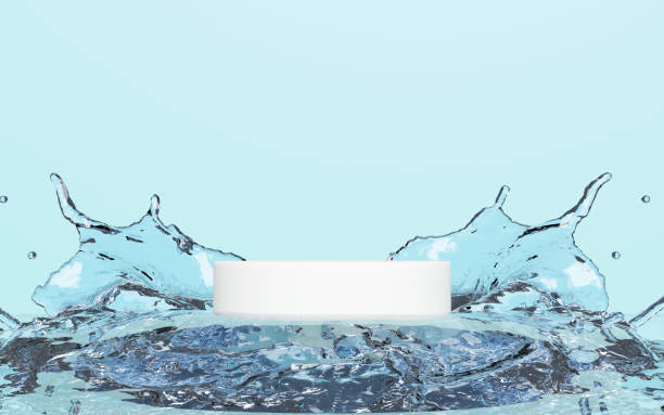 istock 3d water splash transparent, abstract with white stage podium empty, geometric cosmetic showcase pedestal isolated on blue background. minimal modern scene, mockup template,  3d render illustration 1493950794