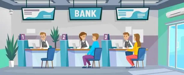 Vector illustration of Bank office interior design with customers at tellers desk. Vector illustration