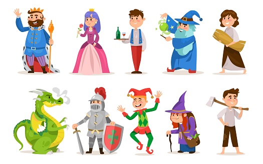 Fairytale character set for a medieval game isolated on white background. King, queen, sorcerer, peasant, dragon, knight, jester, witch, and main boy character. Cartoon style vector illustration.