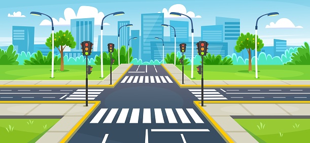 Empty city crossroad with a crosswalk and traffic light. Landscape view on a road crossing and modern buildings. Background for a driving school. Urban intersection. Cartoon style vector illustration.