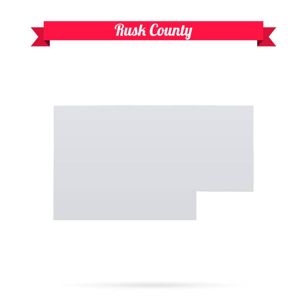 rusk county, wisconsin. karte auf weißem hintergrund mit rotem banner - rusk county stock-grafiken, -clipart, -cartoons und -symbole