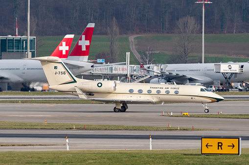 Zurich, Switzerland, January 20,2023 Pakistan Air Force Gulfstream G450 aircraft is taxiing to its position